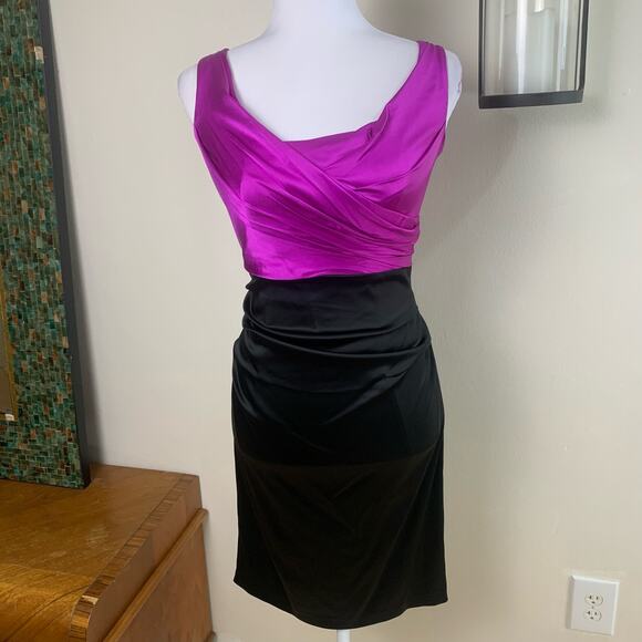 Suzi Chin Maggy Boutique Sz 6 Combo Sheath Dress Fuschia Black Silk Cocktail - Picture 2 of 11